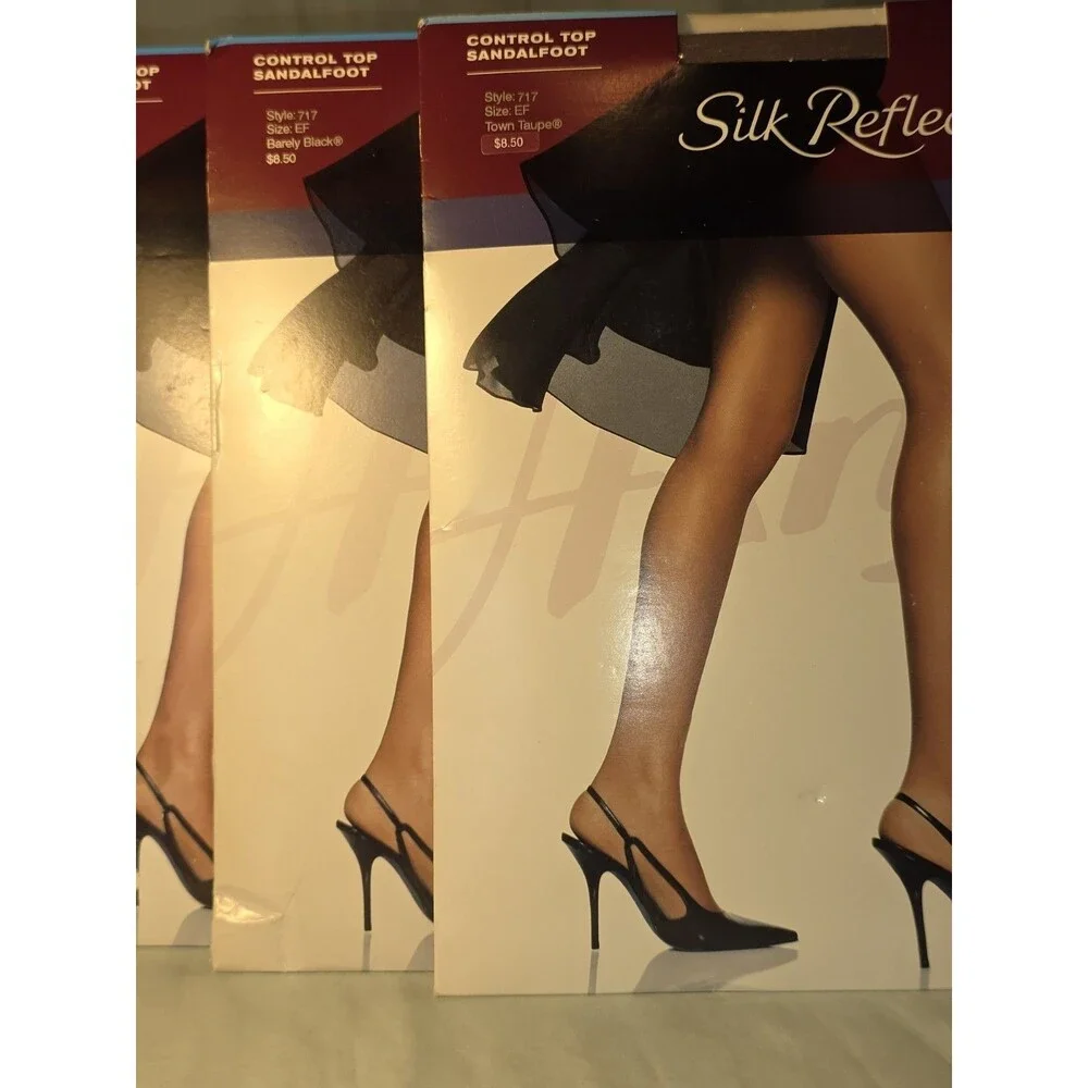 Lot of 3 Vtg Hanes Silk Reflections Pantyhose Size EF Control Top Sandalfoot 717